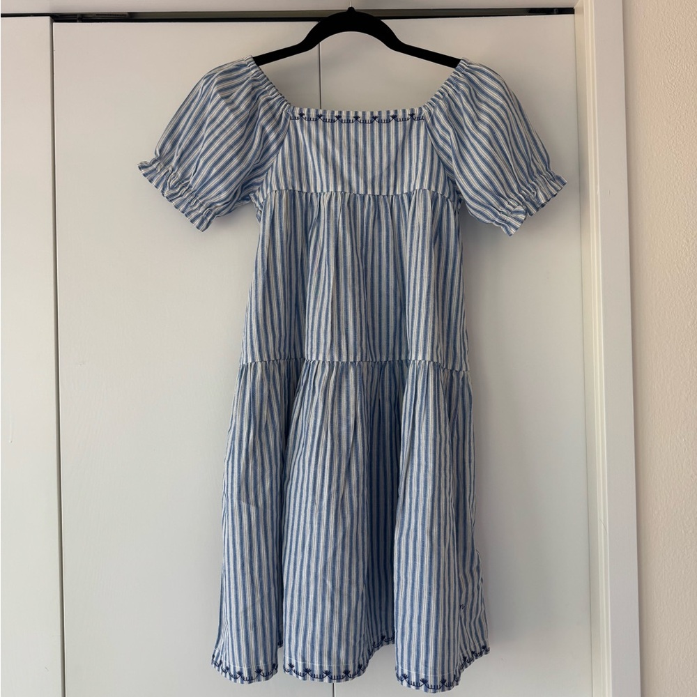 Bonton Georgette Crue Blue and White Striped Dress - size 8